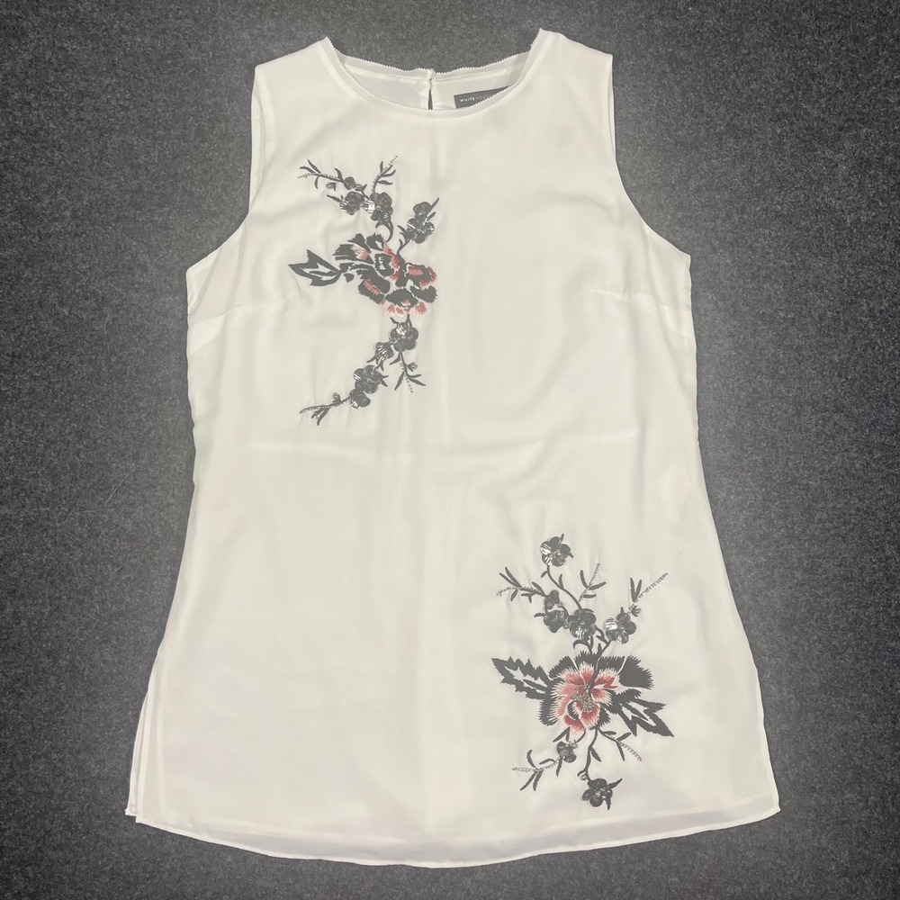 White House Black Market White Floral Embroidered Sleeveless Blouse Top Sz 6
